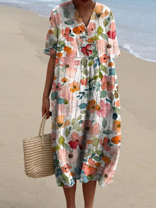 Élégante et chic ample robe mi-longue à manches courtes avec col en V imprimé floral vintage A / S Robes