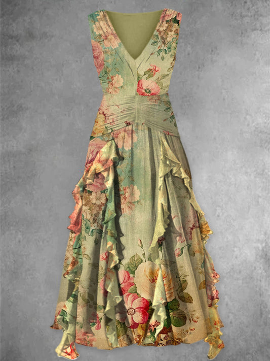 Glam Boho Floral Art Imprimé Vintage V-cou élégant Chic sans manches Maxi Dress A / S Robes