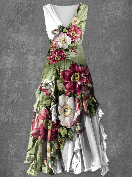 Rétro Glam Floral Art Imprimé Vintage V-cou élégant Chic sans manches Maxi Dress A / S Robes