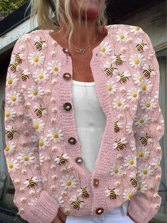 Élégant rétro imprimé floral boutonné décontracté à manches longues en tricot Cardigan Pull A / S Veste