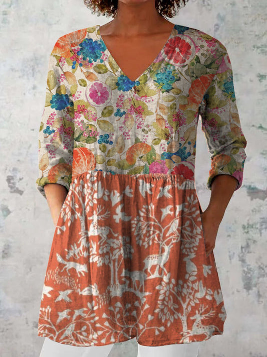 Élégant Boho Floral Imprimer V-Neck Motif Vintage Loose Top à manches longues A / S Hauts