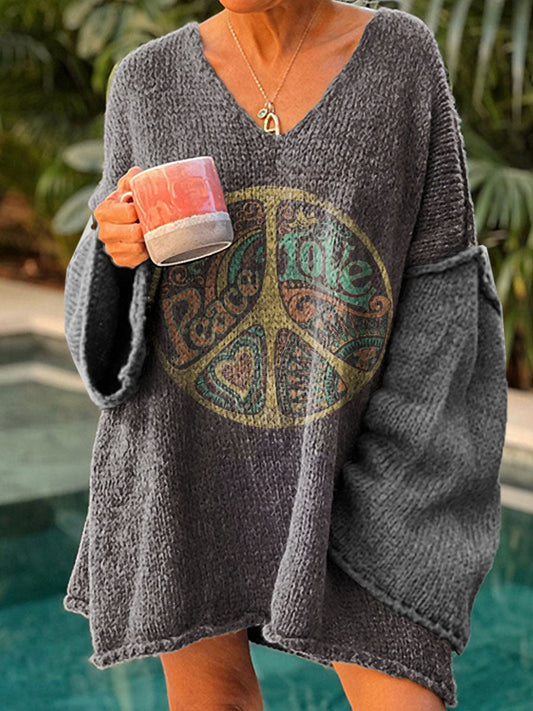 Vintage Hippie Art Print Chic V Neck Pull décontracté pour femmes A / S Pull
