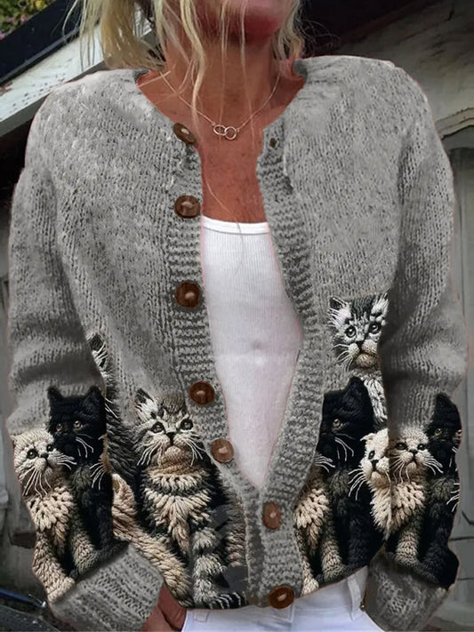 Élégant Rétro Chat Imprimé Boutonné Décontracté À Manches Longues En Tricot Cardigan Pull Gray / S Veste