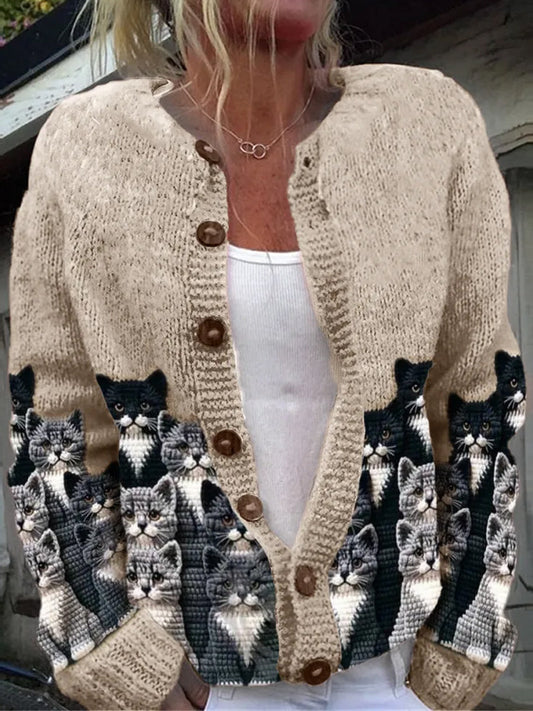 Élégant Rétro Chat Imprimé Boutonné Décontracté À Manches Longues En Tricot Cardigan Pull Kaki / S Veste