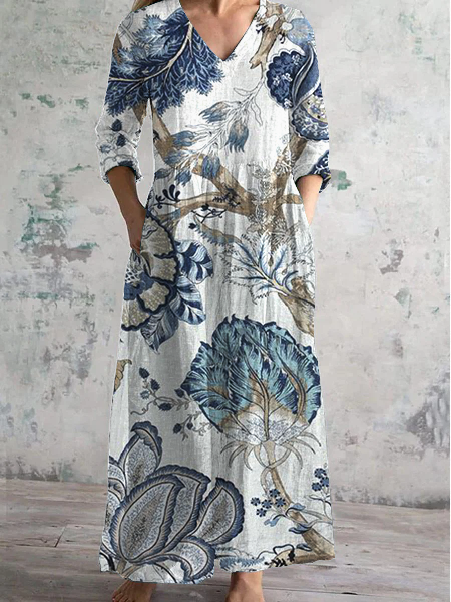Robe décontractée à manches longues à col en V imprimé Animal de la forêt Bleu / S Robes