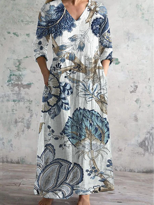 Robe décontractée à manches longues à col en V imprimé Animal de la forêt Bleu / S Robes