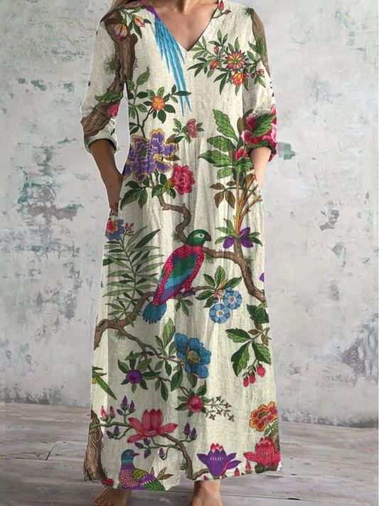 Robe décontractée à manches longues à col en V imprimé Animal de la forêt Vert / S Robes