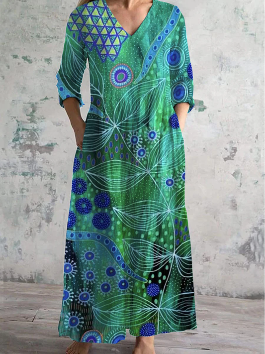 Robe décontractée à manches longues à col en V imprimé Animal de la forêt Bleu-Vert / S Robes
