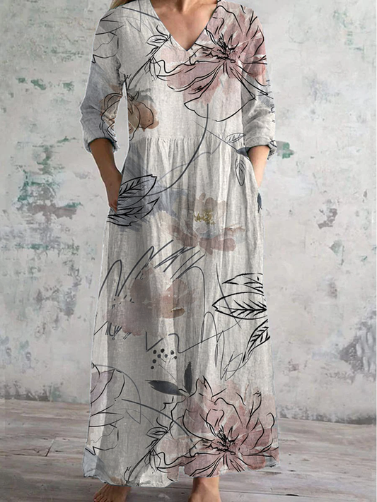 Robe décontractée à manches longues à col en V imprimé Animal de la forêt Blanc / S Robes
