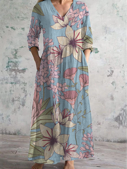 Robe décontractée à manches longues à col en V imprimé Animal de la forêt Bleu / S Robes