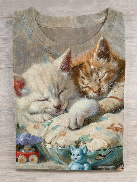 Art Cat Imprimer col rond manches courtes T-shirt décontracté Kaki / S T-shirt