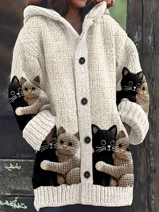Mignon Chat Imprimer Bouton Épais À Manches Longues À Capuche Cardigan Pull A / S Veste