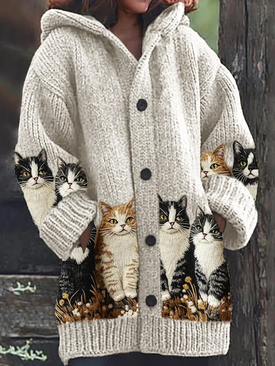 Mignon Chat Imprimer Bouton Épais À Manches Longues À Capuche Cardigan Pull A / S Veste