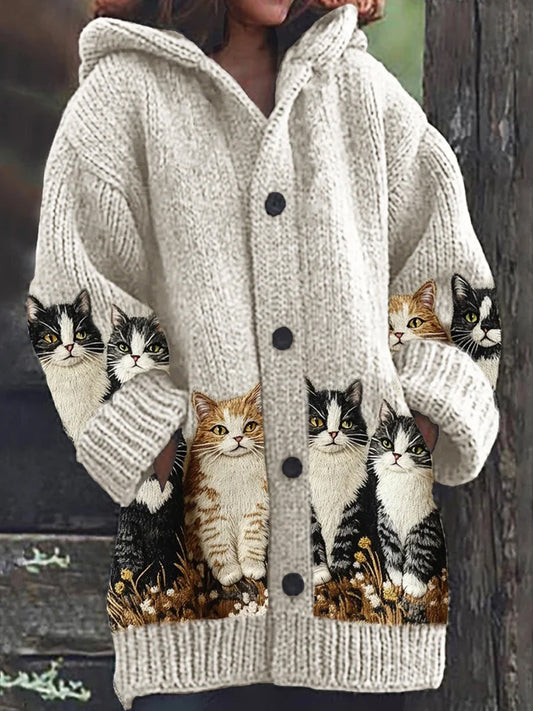 Mignon Chat Imprimer Bouton Épais À Manches Longues À Capuche Cardigan Pull A / S Veste
