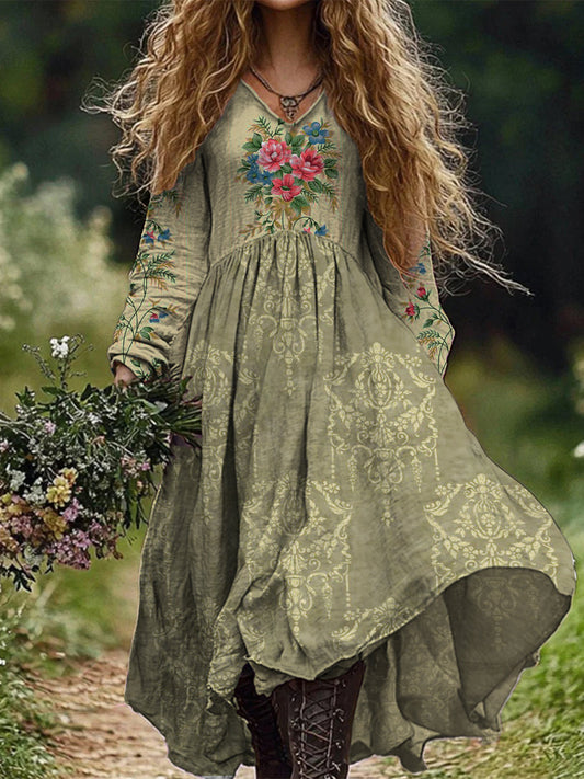 Rétro Boho Floral Art Print Vintage Chic col en V à manches longues Midi Dress A / S Robes