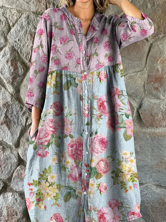 Rétro Boho Floral Art Print Vintage Chic col en V Boutonné à manches longues Midi Dress A / S Robes