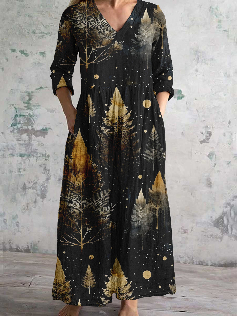 Robe de poche à manches longues col en v imprimé art arbre de noël femmes Noir / S Robes