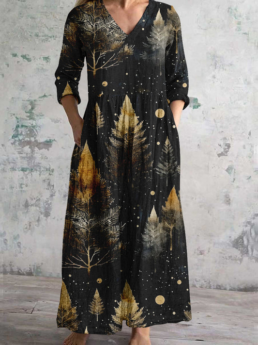 Robe de poche à manches longues col en v imprimé art arbre de noël femmes Noir / S Robes