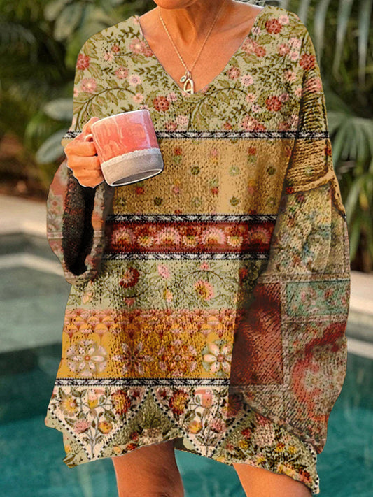 Élégant Boho Floral Print Vintage Loose Chic V-cou à manches longues en tricot épais Pull A / S Pull