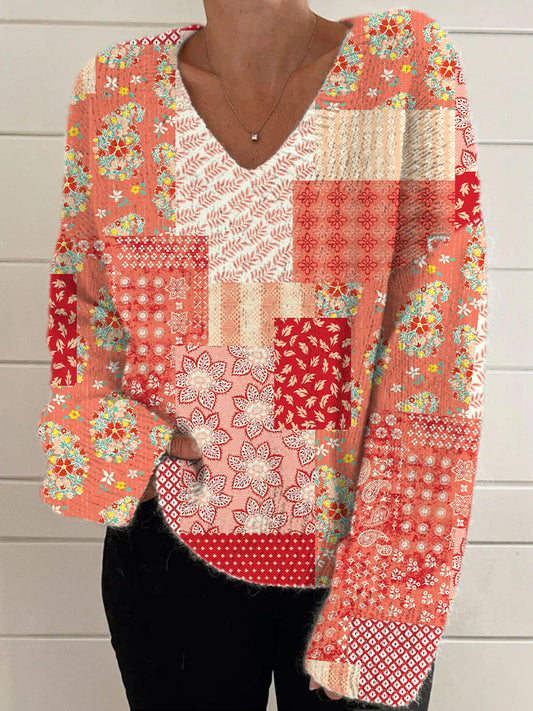 Élégant Boho Retro Floral Print Vintage Chic col en V à manches longues Pull en tricot épais A / S Pull