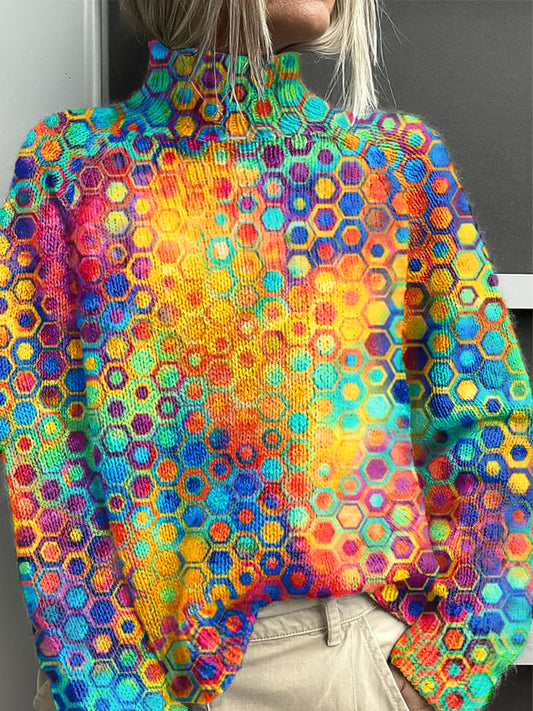 Vintage arc-en-ciel couleur géométrique Art Print tricot col roulé pull chemise coloré / S Pull