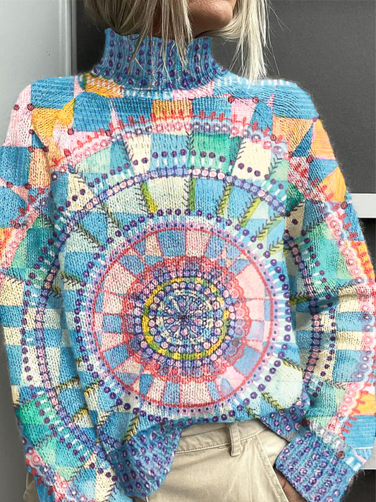 Pull à col roulé en tricot à imprimé d’art abstrait coloré vintage coloré / S Pull