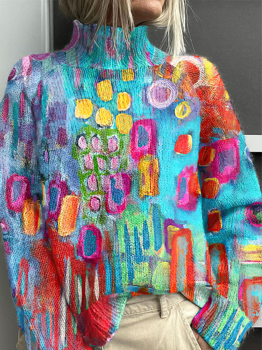 Pull à col roulé en tricot à imprimé géométrique abstrait vintage coloré / S Pull