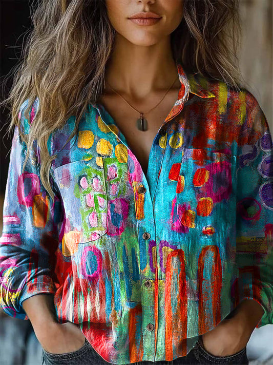 Chemise à revers à manches longues abstraite géométrique géométrique géométrique pour femmes coloré / S Chemises