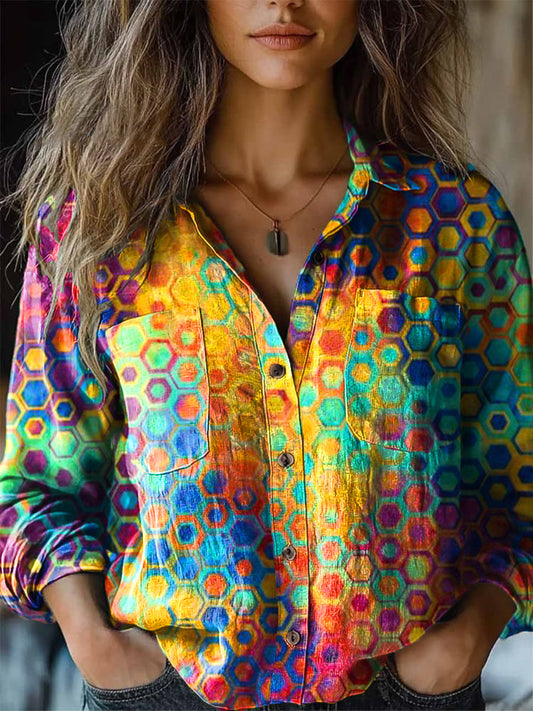 Chemise à revers à manches longues pour femmes Abstrait Rainbow Color Gradient Casual Art Print coloré / S Chemises