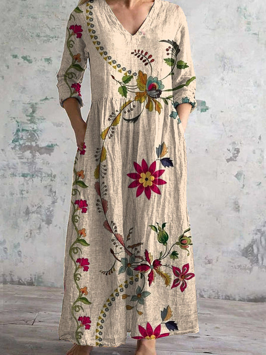 Vintage Floral Art Imprimé Chic V-cou manches trois-quarts élégante robe Midi A / S Robes
