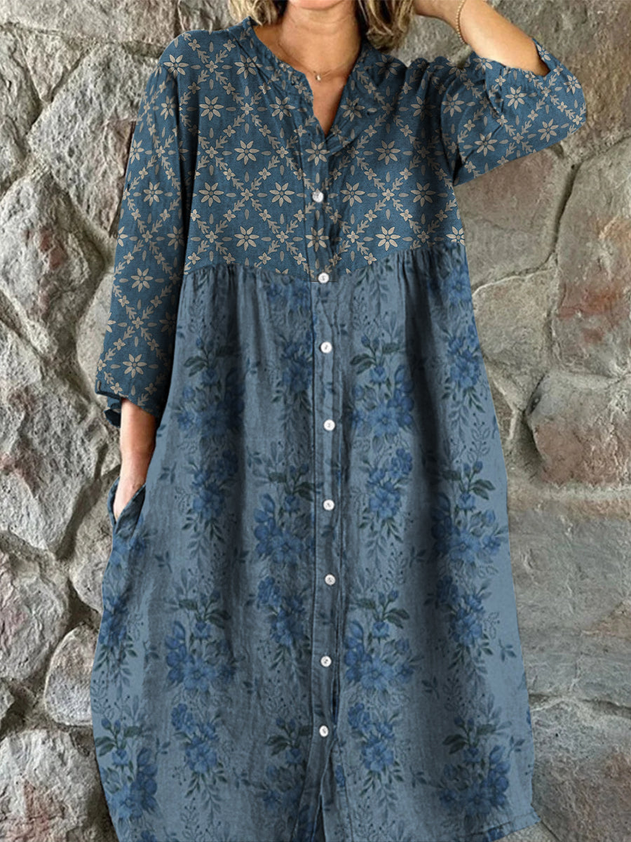 Rétro Floral Art Print Vintage Chic col en V boutonné à manches longues Midi Dress A / S Robes