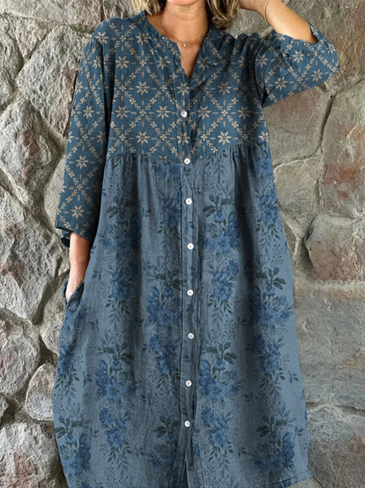 Rétro Floral Art Print Vintage Chic col en V boutonné à manches longues Midi Dress A / S Robes