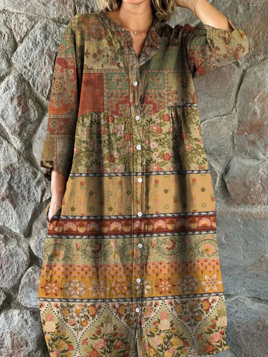 Rétro Boho Floral Art Print Vintage Chic col en V Boutonné à manches longues Midi Dress A / S Robes