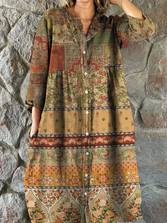 Rétro Boho Floral Art Print Vintage Chic col en V Boutonné à manches longues Midi Dress A / S Robes