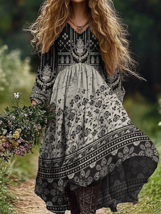 Rétro Boho Floral Art Print Vintage Chic col en V à manches longues Midi Dress A / S Robes