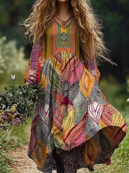 Rétro Boho Floral Art Print Vintage Chic col en V à manches longues Midi Dress A / S Robes
