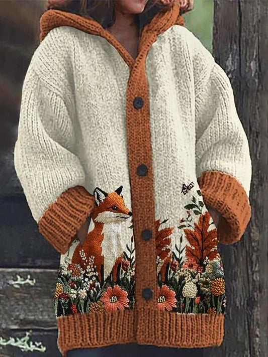 Motif de fleur de renard animal des femmes Cardigan à capuche tricoté confortable décontracté comme image / S Veste
