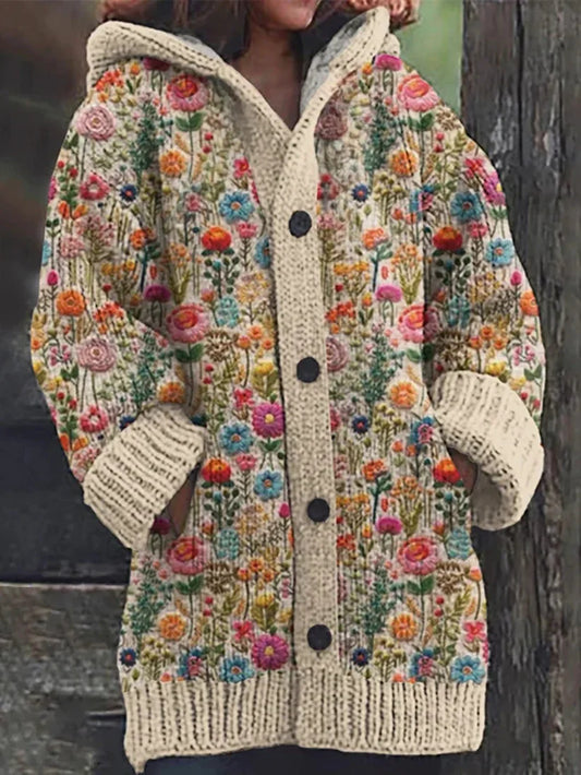 Cardigan à capuche tricoté décontracté motif de broderie florale pour femmes comme image / S Veste