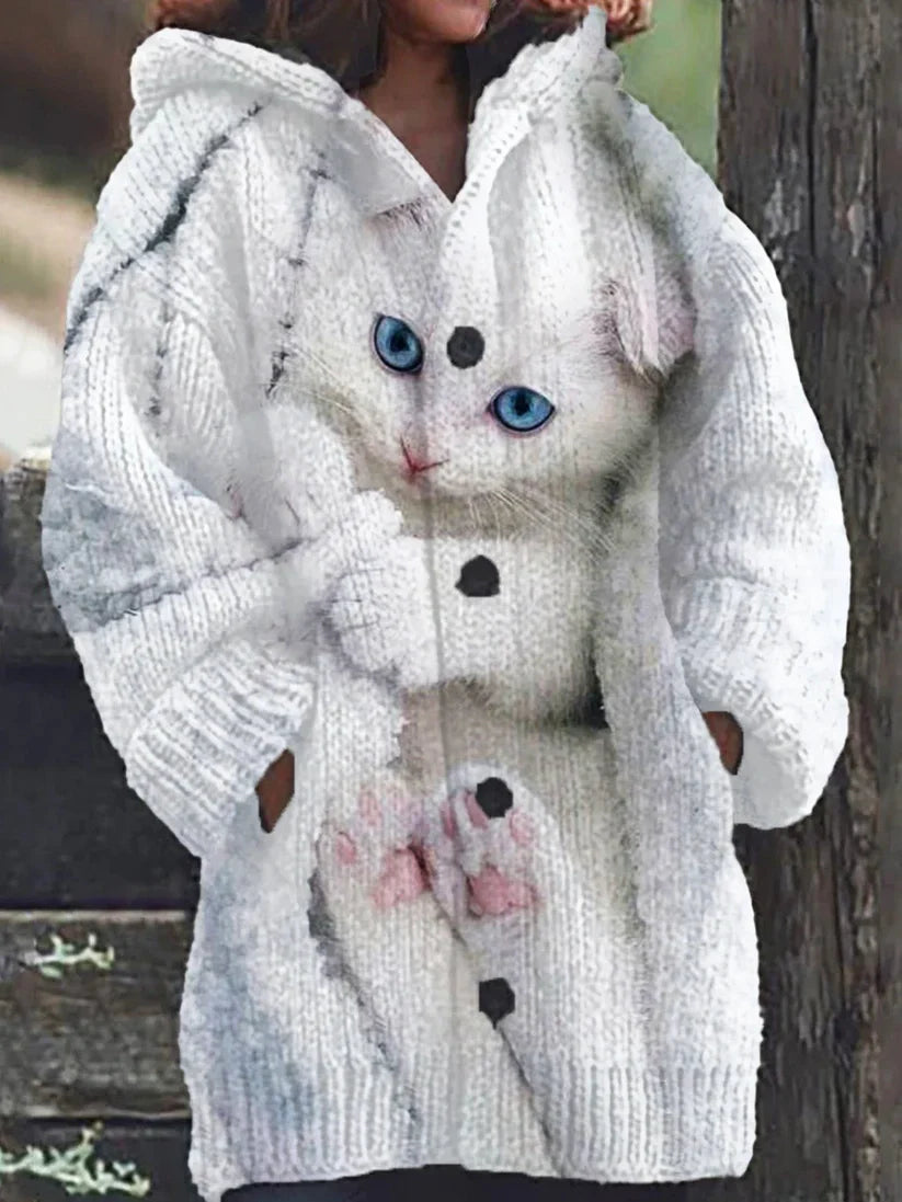 Cardigan à capuche tricoté décontracté motif de chat mignon pour femmes comme image / S Veste