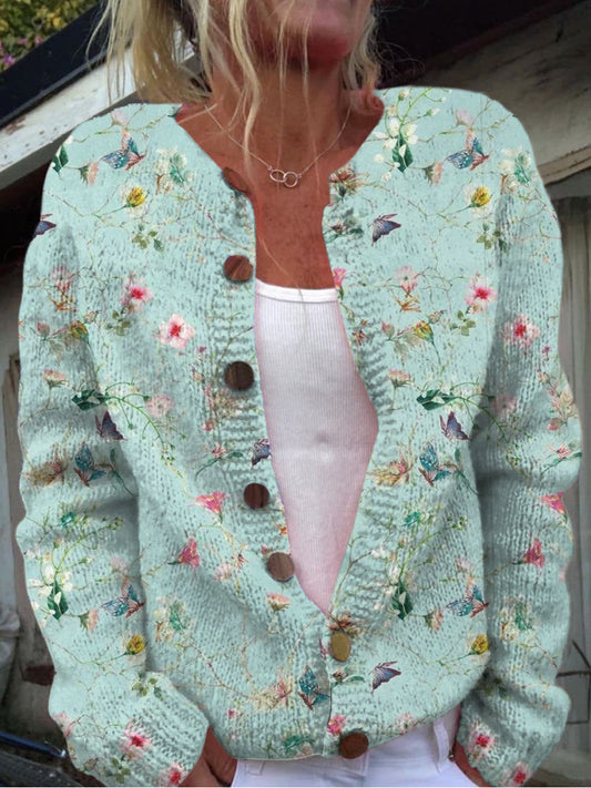 Élégant rétro imprimé floral boutonné décontracté à manches longues en tricot Cardigan Pull A / S Veste