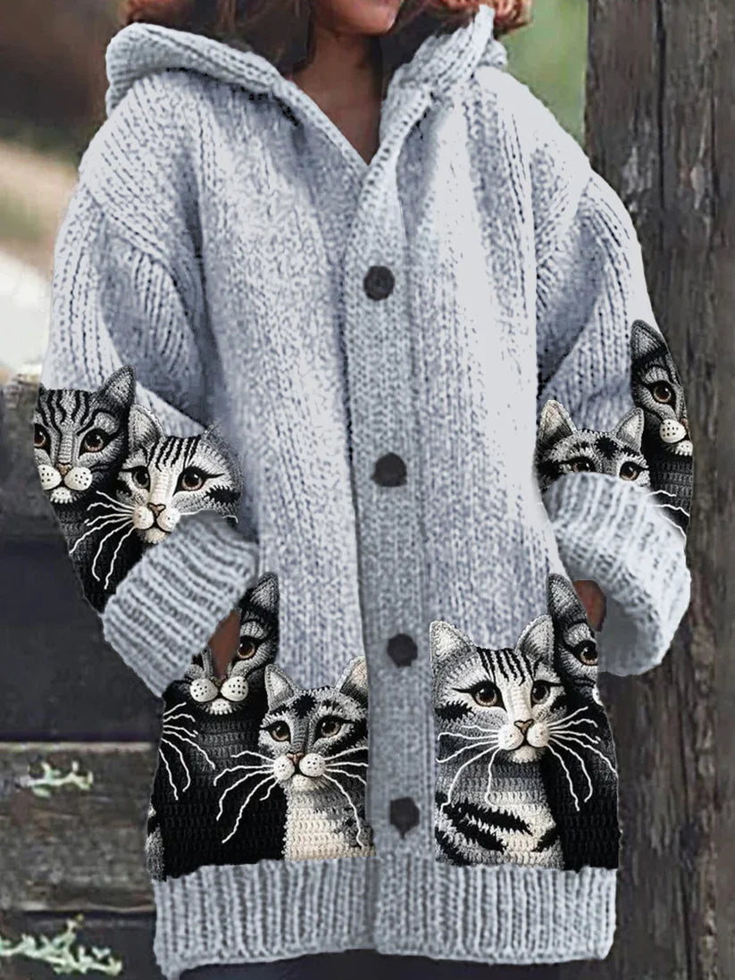 Rétro mignon Pet Print Button Up épais chandail à capuchon à manches longues Cardigan Gris-Bleu / S Veste