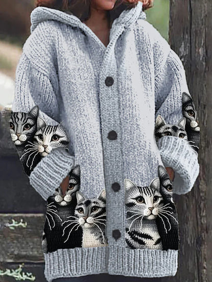 Rétro mignon Pet Print Button Up épais chandail à capuchon à manches longues Cardigan Gris-Bleu / S Veste