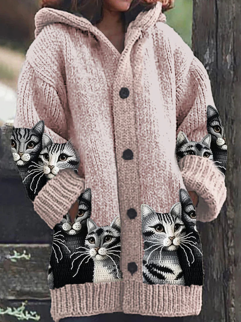Rétro mignon Pet Print Button Up épais chandail à capuchon à manches longues Cardigan Rose / S Veste