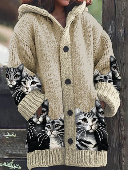 Rétro mignon Pet Print Button Up épais chandail à capuchon à manches longues Cardigan Kaki / S Veste