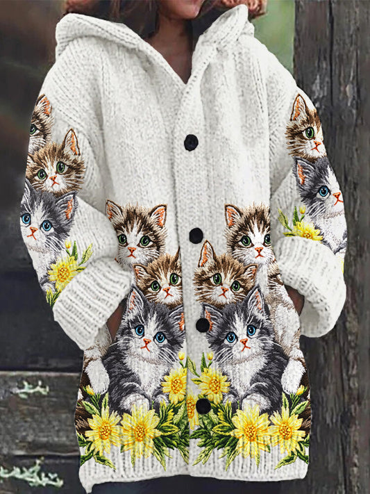 Mignon Chat Imprimer Bouton Épais Long Pull Cardigan à Capuche Off-White / S Veste