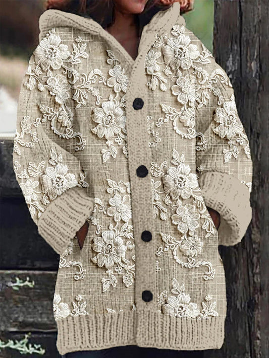Bouton d’impression rétro broderie transparente à manches longues épais Cardigan à capuche A / S Veste