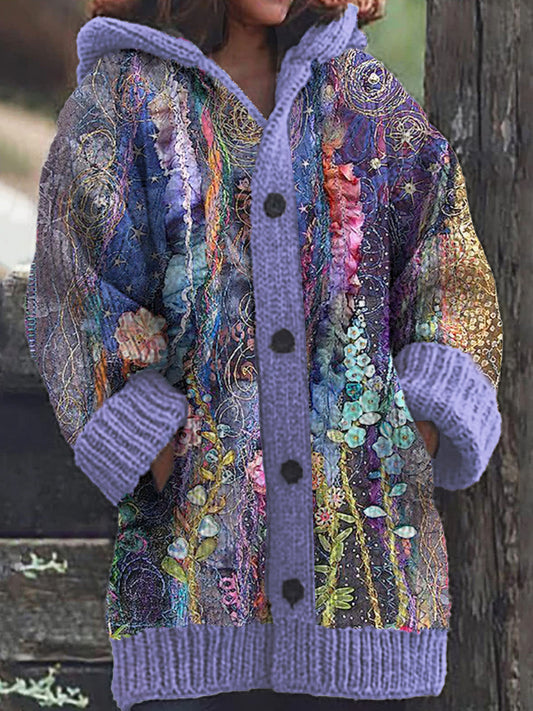 Cardigan à capuche en tricot décontracté à motif floral pour femmes Bleu / S Veste
