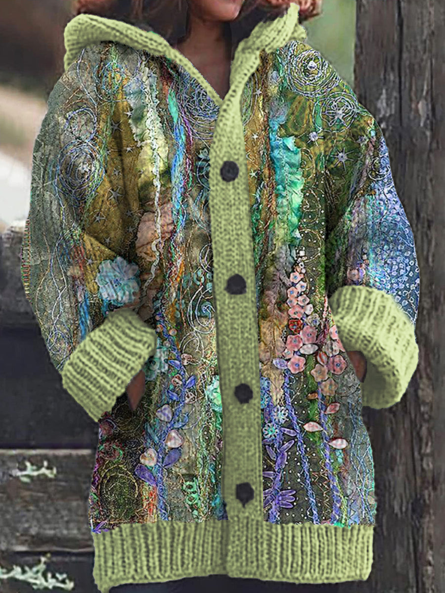 Cardigan à capuche en tricot décontracté à motif floral pour femmes Vert / 4XL Veste