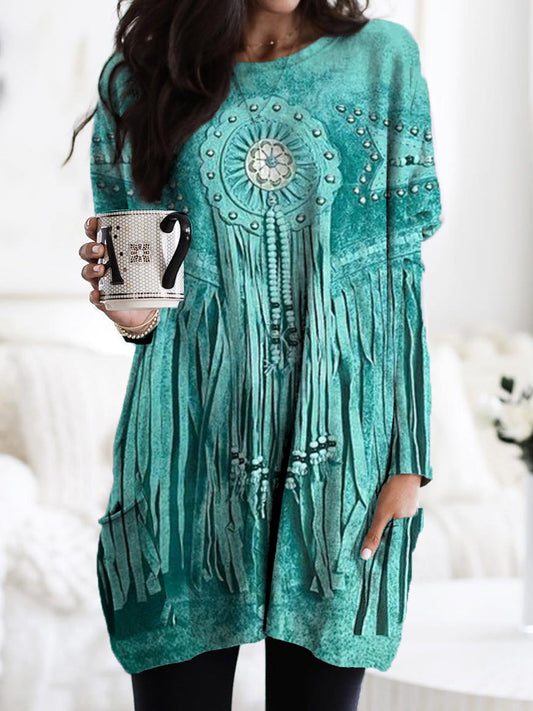 Western ethnique Tassel Pattern imprimé à la mode col rond pull poche manches longues Sweatshirt comme image / S T-shirt