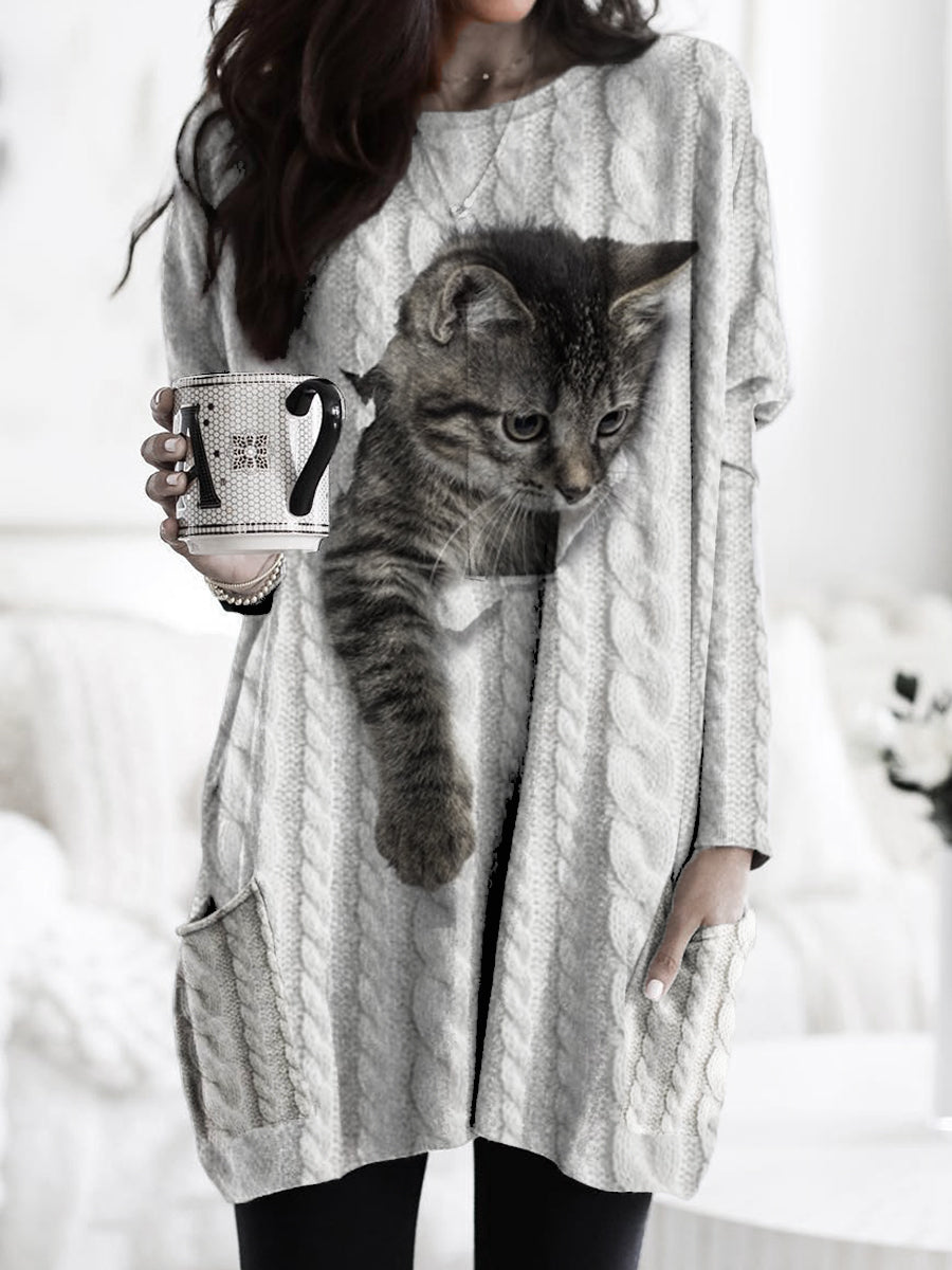 Femme Chat Tricoté Texture Imprimer À La Mode Col Rond Pull Poche À Manches Longues Sweatshirt comme image / S T-shirt